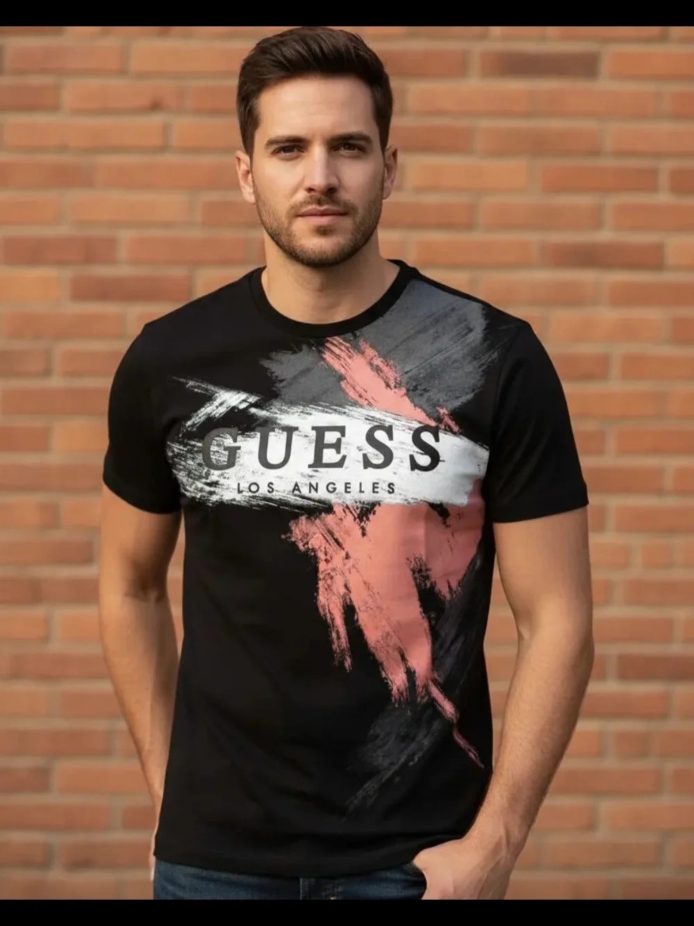 GUESS Los Angeles Black T-Shirt with White & Coral Brushstroke - Picture 2 of 3